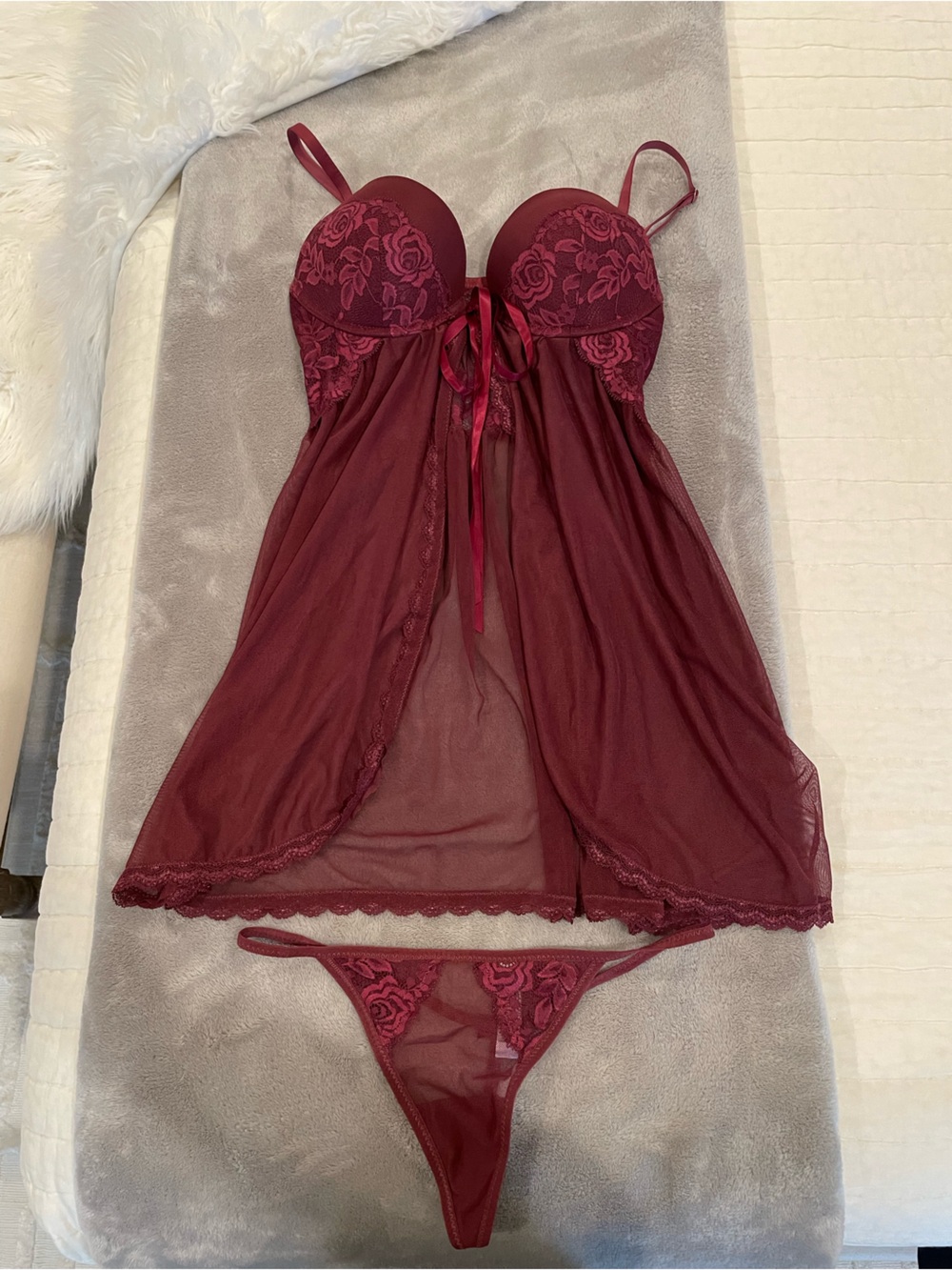 Sheer Lace Push-Up Bodysuit in Burgundy